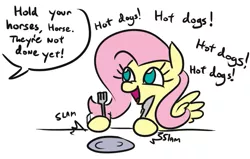 Size: 735x468 | Tagged: safe, artist:jargon scott, derpibooru import, fluttershy, pegasus, pony, context is for the weak, cute, dialogue, female, food, fork, hoof hold, hot dog, knife, mare, meat, no pupils, offscreen character, plate, ponies eating meat, sausage, shyabetes, simple background, smiling, solo, speech bubble, this will end in ponies eating meat, white background