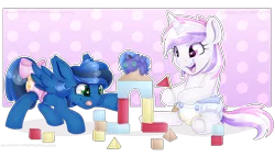 Size: 7000x4000 | Tagged: safe, alternate version, artist:partylikeanartist, derpibooru import, princess luna, oc, oc:glam rock, oc:midnight shadows, alicorn, pegasus, pony, unicorn, absurd resolution, bow, building blocks, commission, concentrating, crinkle, cute, diaper, diaper fetish, fetish, happy, heart eyes, open mouth, plushie, ribbon, smiling, tongue out, toy, underhoof, wet diaper, wingding eyes
