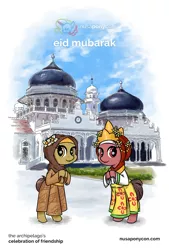 Size: 1080x1593 | Tagged: safe, artist:alphatea, derpibooru import, oc, oc:nuning, oc:salasika, pony, bipedal, clothes, crown, dress, eid al-fitr, hijab, indonesia, islam, jewelry, mosque, nusaponycon, regalia