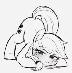 Size: 991x995 | Tagged: safe, artist:manachaaaaaaaa, derpibooru import, applejack, earth pony, pony, bedroom eyes, black and white, blushing, face down ass up, female, freckles, grayscale, mare, monochrome, simple background, solo, white background