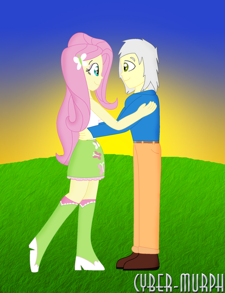 Size: 1652x2152 | Tagged: safe, artist:cyber-murph, derpibooru import, fluttershy, oc, oc:israel yabuki, equestria girls, boots, canon x oc, clothes, ludwig van beethoven, masterpiece, miniskirt, shipping, shoes, signature, skirt, socks, sunset, tanktop