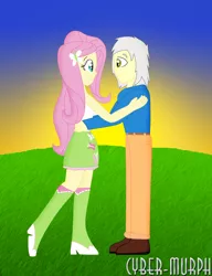 Size: 1652x2152 | Tagged: safe, artist:cyber-murph, derpibooru import, fluttershy, oc, oc:israel yabuki, equestria girls, boots, canon x oc, clothes, ludwig van beethoven, masterpiece, miniskirt, shipping, shoes, signature, skirt, socks, sunset, tanktop