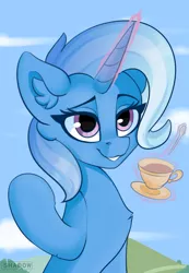 Size: 1063x1535 | Tagged: safe, artist:shadowreindeer, derpibooru import, trixie, pony, unicorn, student counsel, bust, chest fluff, cup, cute, diatrixes, ear fluff, female, food, magic, mare, smiling, solo, spoon, tea, teacup, teaspoon, telekinesis, that pony sure does love teacups