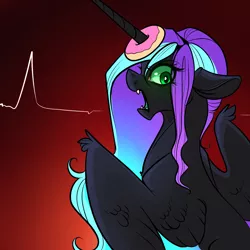 Size: 1600x1600 | Tagged: safe, artist:itsmalicious, derpibooru import, oc, oc:ebony, unofficial characters only, alicorn, pony, alicorn oc, donut, electrocardiogram, female, food, gradient background, horn, horn impalement, solo, wings