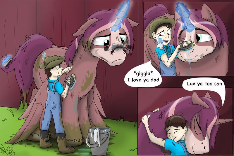 Size: 3000x2008 | Tagged: safe, artist:cactuscowboydan, derpibooru import, oc, oc:king speedy hooves, oc:tommy the human, alicorn, human, pony, aftermath, alicorn oc, boots, brush, clothes, commissioner:bigonionbean, dialogue, dirty, father and child, father and son, fusion, fusion:king speedy hooves, giggling, glowing horn, hat, horn, horses doing horse things, hug, hugging a pony, human oc, magic, male, mud, overalls, scrubbing, shoes, snorting, stallion, telekinesis, washing, wings