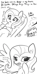 Size: 1080x2160 | Tagged: suggestive, artist:tjpones, derpibooru import, fluttershy, twilight sparkle, pegasus, pony, chest fluff, comic, dialogue, ear fluff, female, grayscale, magic, mare, monochrome, notepad, offscreen character, on back, quill, simple background, telekinesis, therapist, whispering, white background