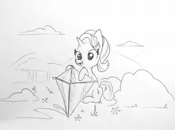 Size: 1819x1351 | Tagged: safe, artist:tjpones, derpibooru import, starlight glimmer, pony, unicorn, bush, cloud, female, forest, grass, grayscale, kite, lineart, mare, monochrome, simple background, sitting, solo, that pony sure does love kites, traditional art, tree