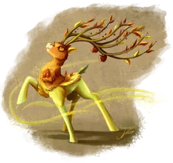 Size: 1500x1412 | Tagged: apple, artist:jamescorck, branches for antlers, deer, derpibooru import, dryad, food, going to seed, raised hoof, safe, solo, the great seedling