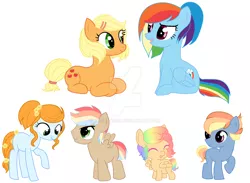 Size: 1280x939 | Tagged: safe, artist:kitsuna020, derpibooru import, applejack, rainbow dash, oc, oc:bright wing, oc:pear bliss, oc:rainboom blitz, oc:storm strike, earth pony, pegasus, pony, alternate hairstyle, appledash, baby, baby pony, base used, colt, deviantart watermark, family, female, filly, flower, flower in hair, freckles, lesbian, magical lesbian spawn, male, multicolored hair, obtrusive watermark, offspring, parent:applejack, parent:rainbow dash, parents:appledash, rainbow hair, shipping, simple background, watermark, white background