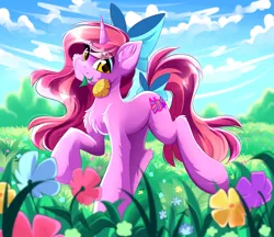 Size: 1280x1108 | Tagged: safe, artist:airiniblock, derpibooru import, oc, oc:candy heart, unofficial characters only, pony, unicorn, bow, cute, eyeshadow, female, flower, flower in mouth, grass, grass field, hair bow, looking at you, makeup, mare, mouth hold, rcf community, sky, solo, tail bow