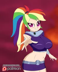 Size: 800x1004 | Tagged: artist:raydonxd, belly button, breasts, busty rainbow dash, clothes, cosplay, costume, derpibooru import, female, human, humanized, midriff, miniskirt, patreon, patreon logo, ponytail, rainbow dash, safe, skirt, solo, starfire, teen titans