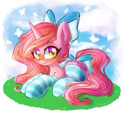 Size: 894x894 | Tagged: safe, artist:chaosangeldesu, derpibooru import, oc, oc:candy heart, unofficial characters only, pony, unicorn, bow, clothes, cute, female, grass, hair bow, looking at you, mare, sky, socks, solo, striped socks, tail bow