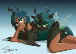Size: 2048x1448 | Tagged: safe, artist:jeglegator, derpibooru import, queen chrysalis, changeling, changeling queen, human, pony, adorasexy, cute, cutealis, dark skin, duality, female, gradient background, human ponidox, humanized, lying down, self ponidox, sexy, side, signature, smiling, stupid sexy chrysalis