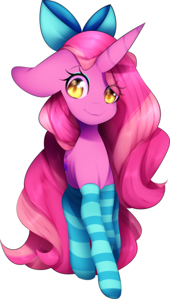 Size: 675x1184 | Tagged: safe, artist:bebeuru, derpibooru import, oc, oc:candy heart, unofficial characters only, pony, unicorn, bow, clothes, cute, eyeshadow, female, hair bow, looking at you, makeup, mare, simple background, socks, solo, striped socks, tail bow, transparent background