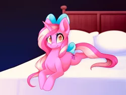 Size: 1028x777 | Tagged: safe, artist:scarlet-spectrum, derpibooru import, oc, oc:candy heart, unofficial characters only, pony, unicorn, bed, bow, cute, female, hair bow, looking at you, lying down, mare, pillow, solo, tail bow, white sheets