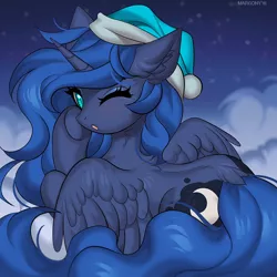 Size: 1000x1002 | Tagged: safe, artist:margony, derpibooru import, princess luna, alicorn, pony, back fluff, blushing, butt fluff, cloud, colored pupils, cute, ear fluff, eye clipping through hair, eyebrows visible through hair, female, hat, looking at you, looking back, looking back at you, lunabetes, neck fluff, nightcap, one eye closed, sleepy, solo, spread wings, sweet dreams fuel, wings, wink