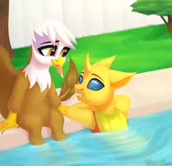 Size: 2772x2688 | Tagged: safe, artist:nika-rain, derpibooru import, gilda, oc, oc:ren the changeling, changeling, gryphon, pony, changeling oc, commission, female, food, gilren, ice cream, male, summer, sun, swimming pool, ych result, yellow changeling