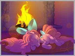 Size: 2314x1733 | Tagged: safe, artist:jaeneth, derpibooru import, oc, oc:candy heart, unofficial characters only, pony, unicorn, bow, carpet, female, fire, fireplace, hair bow, mare, rug, sleeping, solo, tail bow