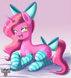 Size: 851x939 | Tagged: safe, artist:danmakuman, derpibooru import, oc, oc:candy heart, unofficial characters only, pony, unicorn, bow, clothes, eyeshadow, female, hair bow, looking at you, makeup, mare, open mouth, prone, socks, solo, striped socks, tail bow, thigh highs, white sheets