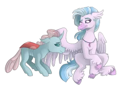Size: 4300x3200 | Tagged: artist:kikirdcz, changedling, changeling, classical hippogriff, derpibooru import, female, grooming, hippogriff, interspecies, lesbian, ocellus, ocellustream, preening, safe, shipping, silverstream, simple background, transparent background