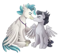 Size: 3200x3000 | Tagged: safe, artist:kikirdcz, derpibooru import, rumble, terramar, classical hippogriff, hippogriff, pegasus, pony, colt, crack shipping, cute, eyes closed, gay, male, nuzzling, older, rumblemar, shipping, simple background, transparent background