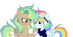 Size: 600x307 | Tagged: safe, artist:thesmall-artist, derpibooru import, oc, oc:golden daze, oc:water star, unofficial characters only, pegasus, pony, bandage, base used, clothes, female, goggles, male, mare, multicolored hair, rainbow hair, scarf, simple background, stallion, transparent background