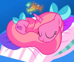 Size: 979x816 | Tagged: safe, artist:csillaghullo, derpibooru import, oc, oc:candy heart, unofficial characters only, pony, unicorn, bow, curled up, cute, eyes closed, female, hair bow, large pillow, mare, pillow, sleeping, solo, tail bow