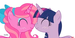 Size: 700x358 | Tagged: safe, artist:_vodka, derpibooru import, twilight sparkle, twilight sparkle (alicorn), oc, oc:candy heart, alicorn, pony, unicorn, alicorn oc, alicornified, base used, blushing, boop, bow, canon x oc, eyes closed, female, hair bow, horn, in love, mare, noseboop, race swap, simple background, smiley face, transparent background, wings