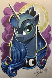 Size: 1376x2048 | Tagged: safe, artist:andypriceart, derpibooru import, idw, princess luna, alicorn, pony, spoiler:comic, andy you magnificent bastard, bust, crown, cute, ethereal mane, female, jewelry, lunabetes, mare, marker drawing, moon, portrait, regalia, signature, solo, starry mane, traditional art