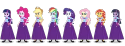 Size: 2913x1080 | Tagged: safe, alternate version, artist:cartoonmasterv3, derpibooru import, applejack, fluttershy, mean twilight sparkle, pinkie pie, rainbow dash, rarity, sunset shimmer, twilight sparkle, twilight sparkle (alicorn), alicorn, equestria girls, alternate universe, clone, clothes, humane five, long skirt, skirt