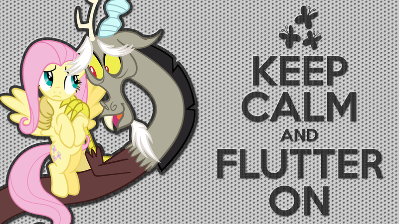 Size: 1024x576 | Tagged: artist needed, source needed, safe, derpibooru import, discord, fluttershy, draconequus, pegasus, pony, keep calm and flutter on, absurd resolution, cute, discute, dots, female, fluttershy's cutie mark, frown, keep calm, male, shyabetes, wallpaper, wings, worried