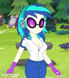 Size: 800x900 | Tagged: safe, derpibooru import, edit, edited screencap, editor:ah96, screencap, vinyl scratch, equestria girls, legend of everfree, breast edit, breasts, busty vinyl scratch, cleavage, clothes, cropped, female, fingerless gloves, gloves, headphones, open clothes, open shirt, sexy, solo, sunglasses, vinyl's glasses