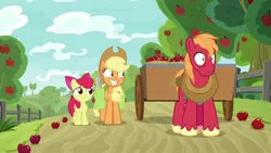 Size: 1920x1080 | Tagged: safe, derpibooru import, screencap, apple bloom, applejack, big macintosh, earth pony, pony, going to seed, apple, apple siblings, apple sisters, apple tree, brother and sister, cart, female, fence, filly, foal, food, male, mare, siblings, sisters, stallion, tree, varying degrees of want, wide eyes