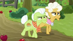 Size: 1920x1080 | Tagged: safe, derpibooru import, screencap, goldie delicious, granny smith, earth pony, pony, going to seed, apple, apple tree, duo, female, food, mare, tree, walking