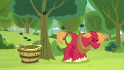 Size: 1920x1080 | Tagged: safe, derpibooru import, screencap, big macintosh, earth pony, pony, going to seed, apple, apple orchard, apple tree, basket, eyes closed, male, orchard, solo, stallion, tired, tree