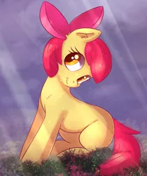 Size: 1636x1947 | Tagged: safe, artist:autumnvoyage, derpibooru import, apple bloom, earth pony, pony, adorabloom, blank flank, bow, crepuscular rays, cute, ear fluff, female, filly, hair bow, sitting, smiling, solo