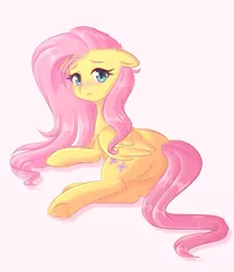 Size: 1445x1679 | Tagged: safe, artist:fluffymaiden, derpibooru import, fluttershy, pegasus, pony, blushing, butt, cute, ear fluff, female, floppy ears, flutterbutt, heart, heart hoof, looking at you, looking back, looking back at you, lying down, mare, plot, shyabetes, solo