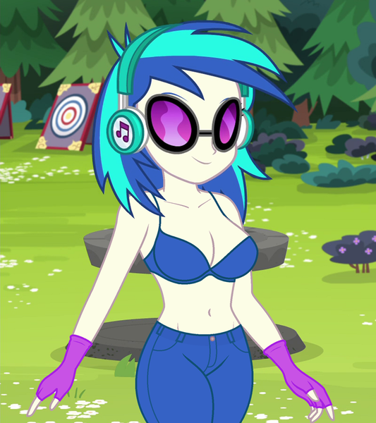 Size: 800x900 | Tagged: suggestive, derpibooru import, edit, edited screencap, editor:ah96, screencap, vinyl scratch, equestria girls, legend of everfree, belly button, blue underwear, bra, breast edit, breasts, busty vinyl scratch, cleavage, clothes, cropped, female, fingerless gloves, gloves, sexy, solo, solo female, underwear, underwear edit, vinyl's glasses