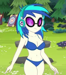 Size: 800x900 | Tagged: suggestive, derpibooru import, edit, edited screencap, editor:ah96, screencap, vinyl scratch, equestria girls, legend of everfree, belly button, blue underwear, bra, breast edit, breasts, busty vinyl scratch, cleavage, clothes, cropped, female, headphones, outdoors, panties, sexy, solo, solo female, stupid sexy vinyl, sunglasses, underwear, underwear edit