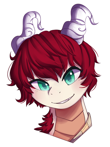 Size: 1000x1339 | Tagged: artist:ezariel, blushing, derpibooru import, dracaven, dragon, female, green eyes, grin, horns, oc, oc:eri rebecula, original species, red hair, safe, smiling, smirk, smug, solo, toothy grin