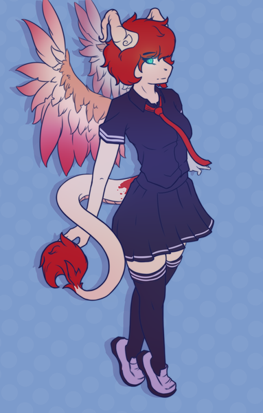 Size: 1150x1800 | Tagged: anthro, artist:sverhnovapony, clothes, commission, derpibooru import, dracaven, dragon, dragon tail, female, horns, oc, oc:eri rebecula, safe, school uniform, socks, solo, tail, thigh highs, wings, ych result, zettai ryouiki