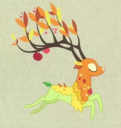 Size: 412x437 | Tagged: apple, branches for antlers, cropped, deer, derpibooru import, dryad, eyes closed, food, going to seed, leaping, safe, screencap, solo, tan background, the great seedling