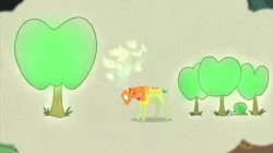 Size: 2100x1178 | Tagged: safe, derpibooru import, screencap, the great seedling, deer, dryad, going to seed, apple, apple tree, branches for antlers, eyes closed, glow, glowing antlers, solo, tan background, tree