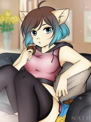 Size: 1723x2320 | Tagged: safe, artist:nath, derpibooru import, oc, oc:mocha polo, anthro, earth pony, human, armpits, big ears, blue eyes, blue nail polish, clothes, commission, cookie, couch, eating, female, food, hoodie, mare, nail polish, shorts, sitting, socks, solo, sporty style, tan, thigh highs, workout outfit, ych result