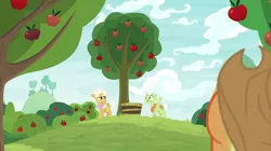 Size: 2100x1180 | Tagged: safe, derpibooru import, screencap, applejack, goldie delicious, granny smith, earth pony, pony, going to seed, apple, apple tree, basket, female, food, mare, tree