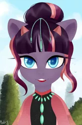 Size: 2154x3312 | Tagged: safe, artist:bestiary, derpibooru import, oc, oc:luminous tempo, bicorn, pony, unicorn, alternate hairstyle, clothes, hair bun, horn, horns, jewelry, looking at you, multicolored hair, multiple horns, shawl, solo