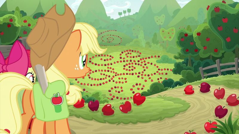 Size: 2100x1180 | Tagged: safe, derpibooru import, screencap, apple bloom, applejack, earth pony, pony, going to seed, apple, apple orchard, apple tree, arabesque pattern, bag, female, food, mare, orchard, saddle bag, tree