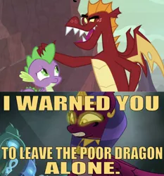 Size: 639x685 | Tagged: angry, caption, crown, daring done?, derpibooru import, dragon, dragon lands, edit, edited screencap, editor:undeadponysoldier, fangs, female, followup, garble, gauntlet of fire, glowing eyes, image macro, jewelry, male, no one messes with spike, protecting, regalia, safe, screencap, shipping, sphike, sphinx, sphinx (character), spike, spikelove, straight, teeth, text, this will not end well, winged spike, yellow eyes