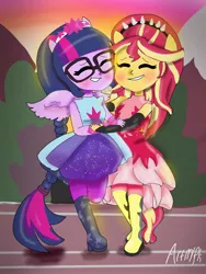 Size: 1536x2048 | Tagged: safe, artist:artmlpk, derpibooru import, sci-twi, sunset shimmer, twilight sparkle, equestria girls, equestria girls series, forgotten friendship, blushing, clothes, cute, digital art, dress, duo, female, friendshipping, hug, ponied up, scitwilicorn, shimmerbetes, super ponied up, twiabetes, wings