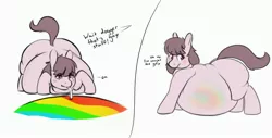 Size: 4072x2072 | Tagged: artist:heftyhorsehostler, belly, big belly, blushing, comic, derpibooru import, dialogue, drinking, drinking straw, fat, female, high res, inflation, liquid rainbow, obese, oc, oc:hot dogger, offscreen character, oh no, profile, prone, solo, suggestive, unofficial characters only